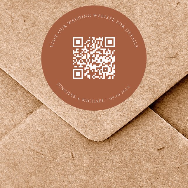 Wedding website QR code details rsvp burnt orange Classic Round Sticker (Creator Uploaded)