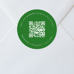 Wedding website QR code details rsvp emerald green Classic Round Sticker<br><div class="desc">Add your url for your wedding website.  For information,  details,  online rsvp.  An emerald green coloured background,  white text.</div>