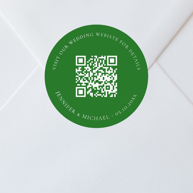 Wedding website QR code details rsvp emerald green Classic Round Sticker (Creator Uploaded)