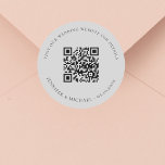 Wedding website QR code details rsvp grey Classic Round Sticker<br><div class="desc">Add your url for your wedding website.  For information,  details,  online rsvp.  A light grey coloured background,  black text.</div>