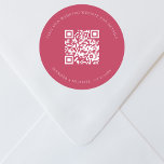 Wedding website QR code details rsvp magenta Classic Round Sticker<br><div class="desc">Add your url for your wedding website.  For information,  details,  online rsvp.  A magenta coloured background,  white text.</div>