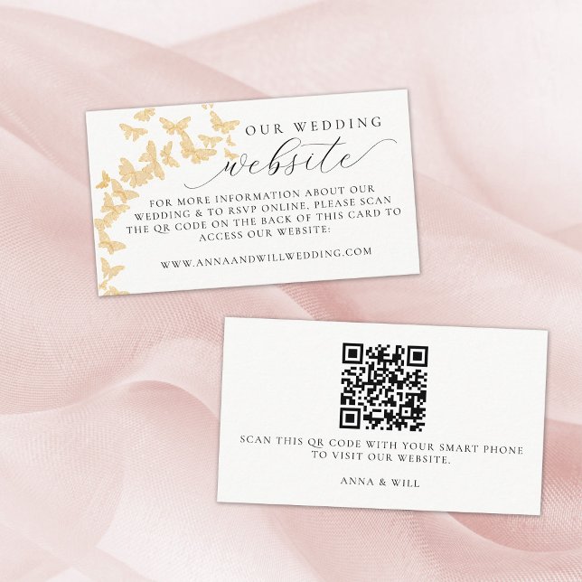 Wedding Website QR Code Gold Butterflies Wedding Enclosure Card (our wedding website gold butterflies enclosure card romantic elegant boho modern simple classy)