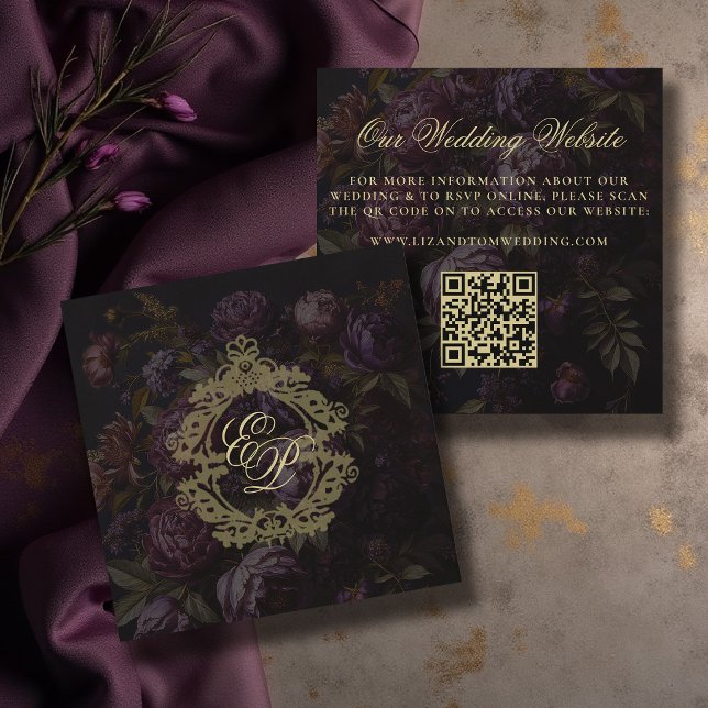 Wedding Website QR Code Moody Victorian Lace Peony Enclosure Card (moody wedding website victorian antique lace crest dark burgundy purple peony floral gold)