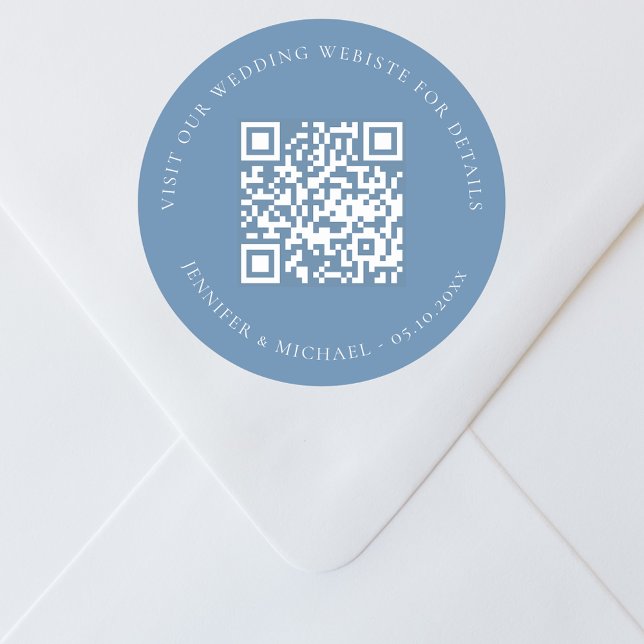 Wedding website QR details information rsvp blue Classic Round Sticker (Creator Uploaded)