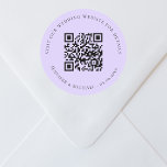 Wedding website QR details information rsvp violet Classic Round Sticker<br><div class="desc">Add your url for your wedding website.  For information,  details,  online rsvp. Violet,  lavender coloured background colour.</div>