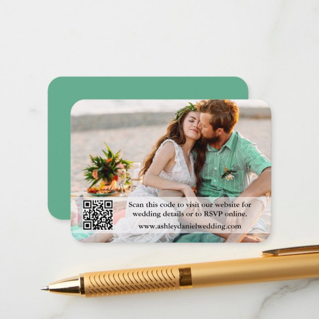 Wedding Website QR Overlay Photo Neo Mint Green Enclosure Card (Front/Back In Situ)