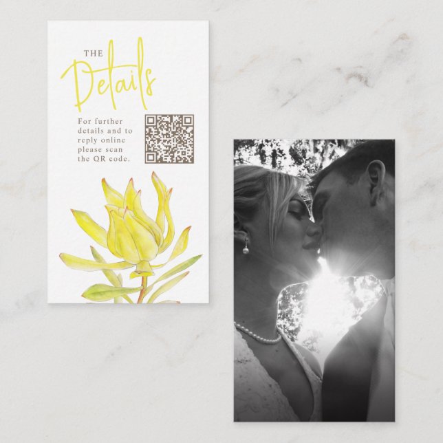 Wedding website QR wedding yellow leucadendron Enclosure Card (Front/Back)
