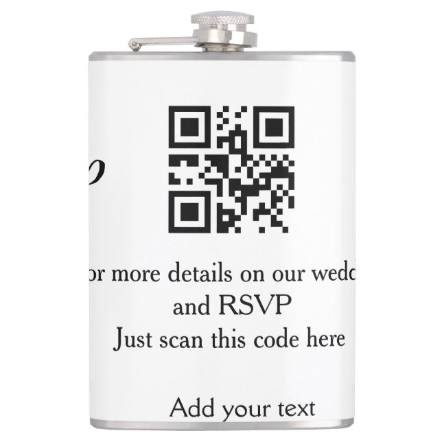 Wedding website rsvp q r code add name text thr hip flask (Front)