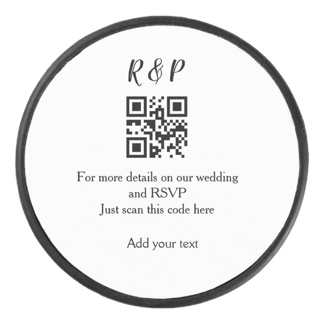 Wedding website rsvp q r code add name text thr hockey puck (Front)