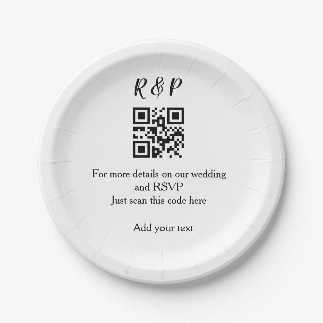 Wedding website rsvp q r code add name text thr paper plate (Front)