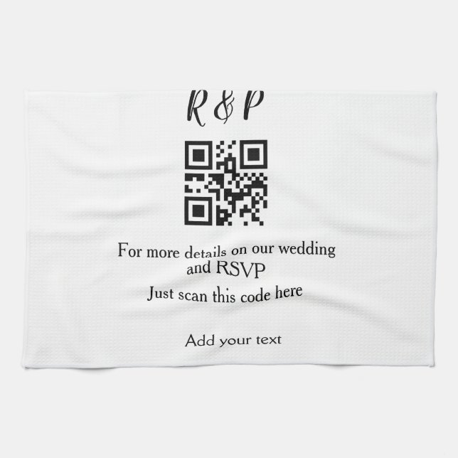 Wedding website rsvp q r code add name text thr tea towel (Horizontal)