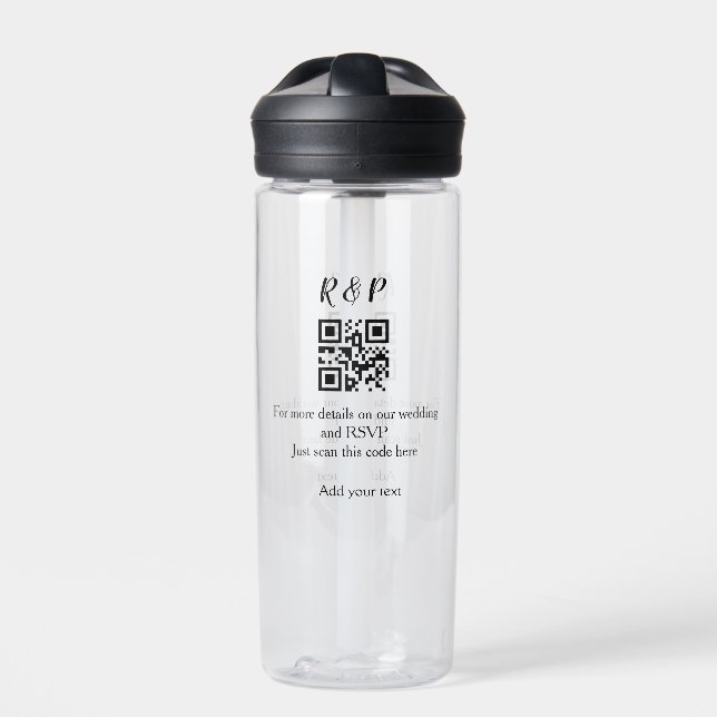 Wedding website rsvp q r code add name text thr water bottle (Front)