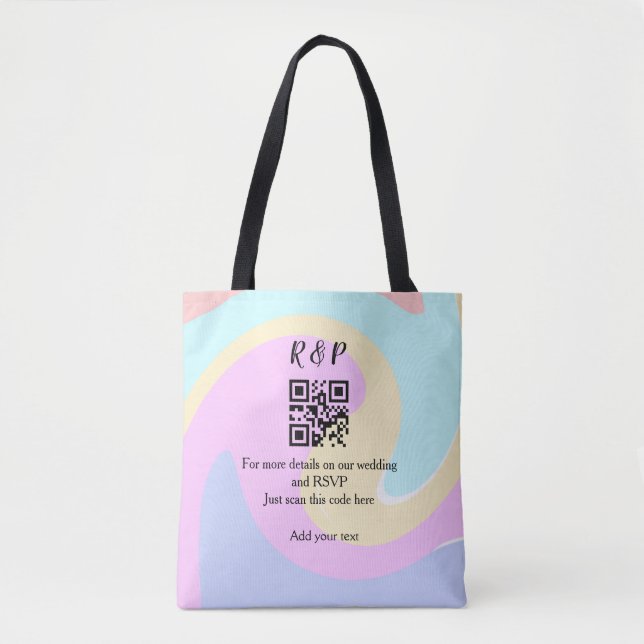 Wedding website rsvp q r code add name text  tote bag (Front)