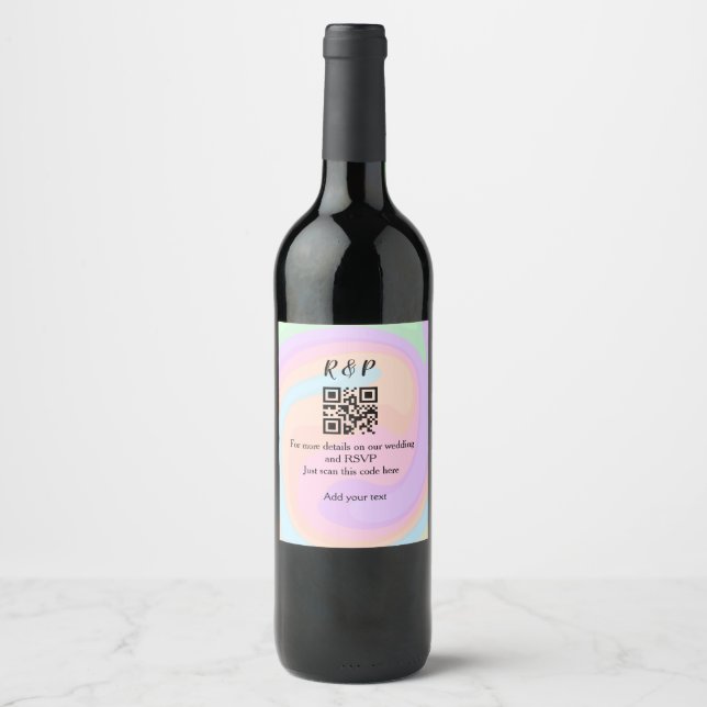 Wedding website rsvp q r code add name text  wine label (Front)