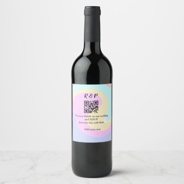Wedding website rsvp q r code add name text  wine label (Front)