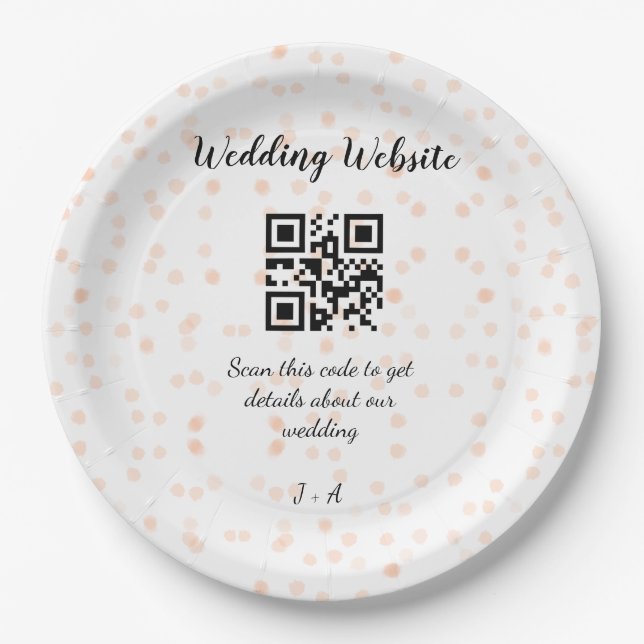 Wedding website scan QR code for details orange so Paper Plate (Front)