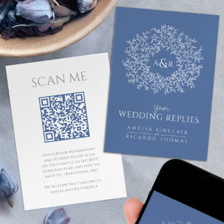 Wedding website Scan QR code monogram blue white Enclosure Card