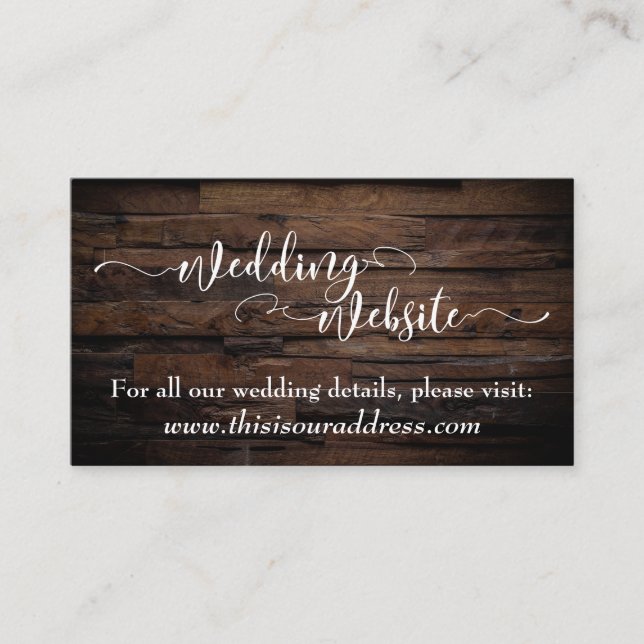 Wedding Website | White Script & Rustic Brown Wood Enclosure Card (Front)