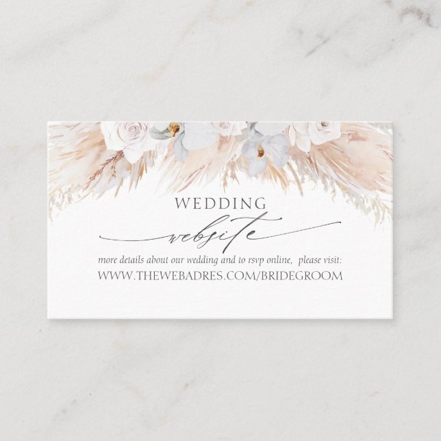 Wedding Website White Tropical Flowers & Pampas Business Card (Front)