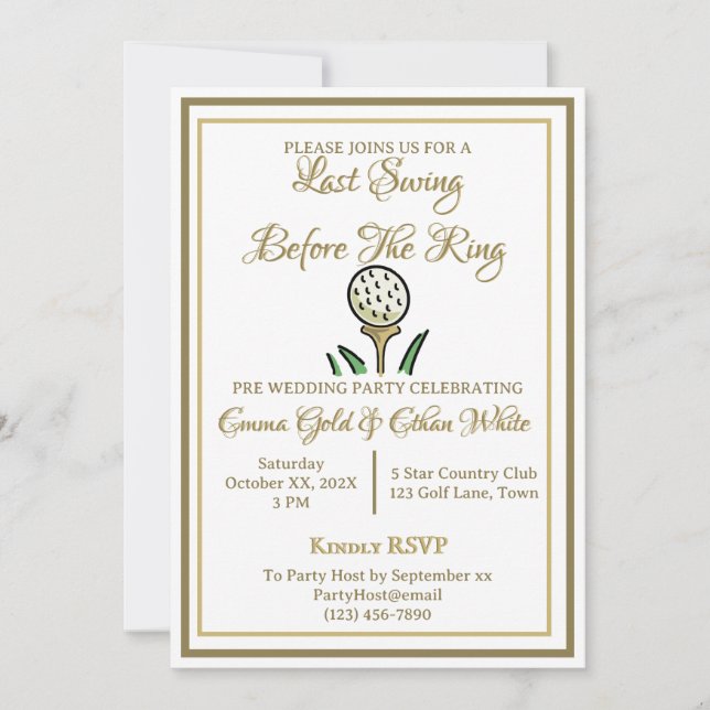 Wedding Weekend Activity Golf Invite Gold & White (Front)
