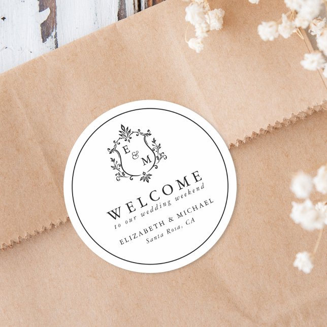 Wedding Weekend Crest Monogram Welcome Classic Round Sticker (Wedding Weekend Crest Monogram Welcome Classic Round Sticker)