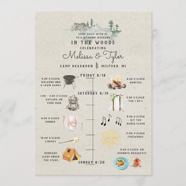 Wedding Weekend in the Woods Itinerary Card (Front)