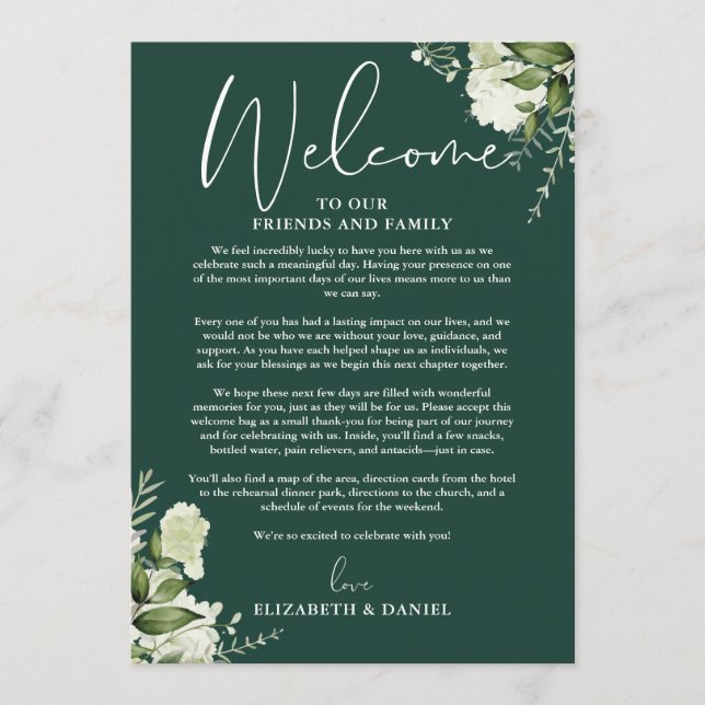Wedding Weekend Itinerary Emerald Green Floral Programme (Front)