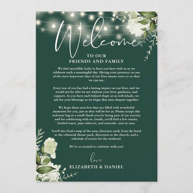 Wedding Weekend Itinerary Emerald Green Floral Programme (Front)