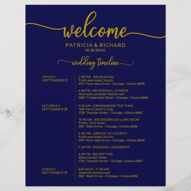 Wedding Weekend Itinerary Gold Navy Blue Timeline (Front)
