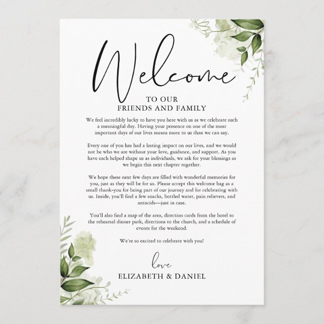 Wedding Weekend Itinerary Greenery Floral Programme (Front)