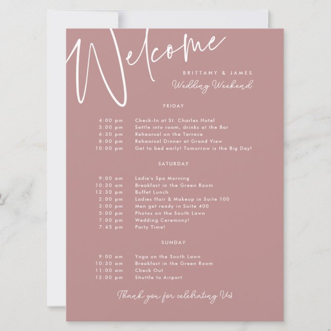 Wedding Weekend Itinerary Mauve Welcome Card (Front)