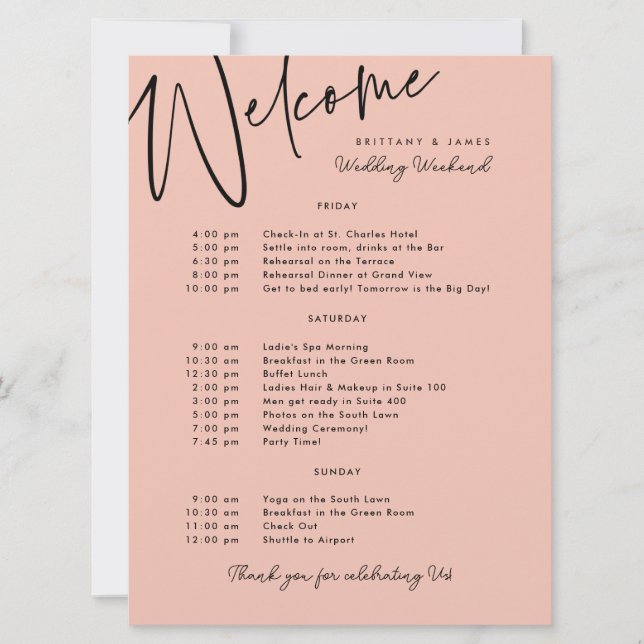 Wedding Weekend Itinerary Peach Black Welcome Card (Front)