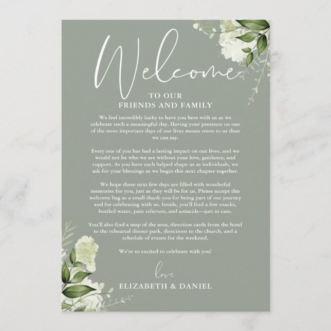 Wedding Weekend Itinerary Sage Green Floral Programme (Front)