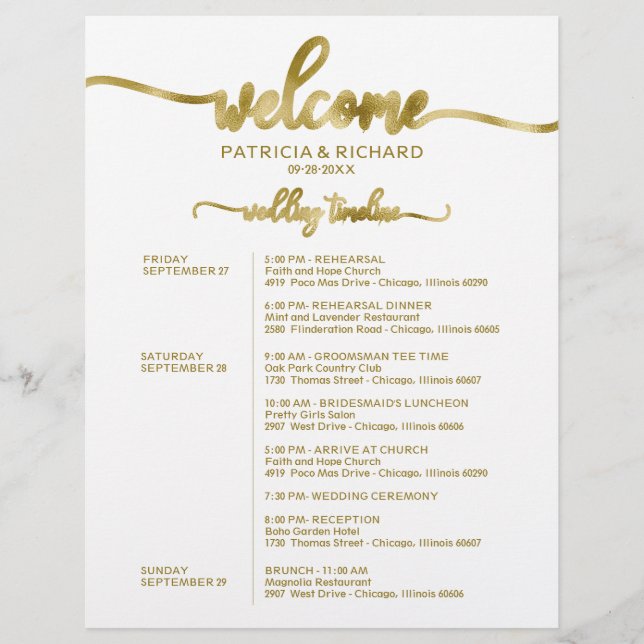 Wedding Weekend Itinerary Simple Chic Timeline (Front)