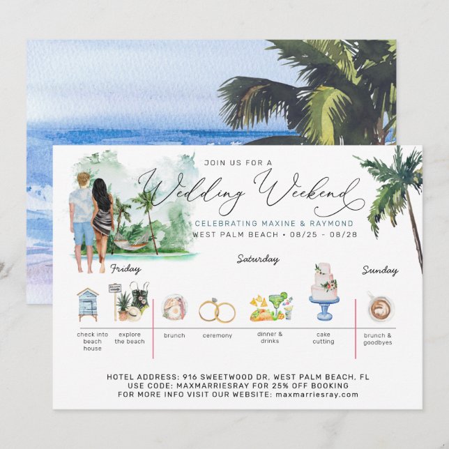Wedding Weekend Itinerary | Tropical Beach Invitation (Front/Back)