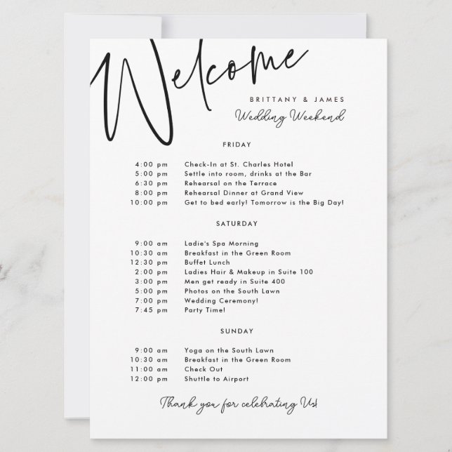 Wedding Weekend Itinerary Welcome Card (Front)