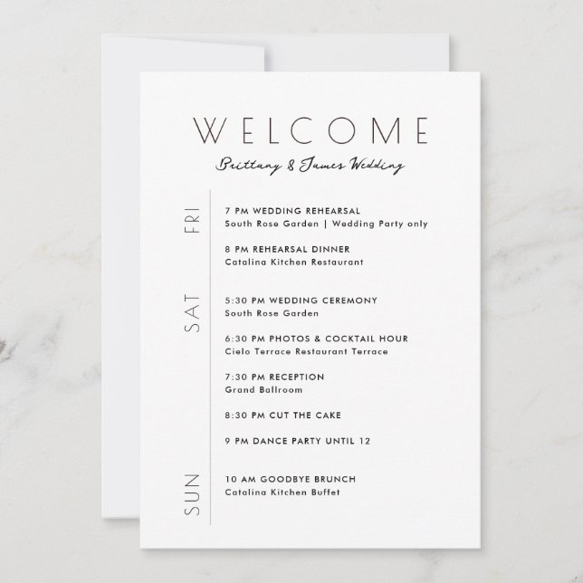 Wedding Weekend Minimalist Itinerary Welcome Card (Front)
