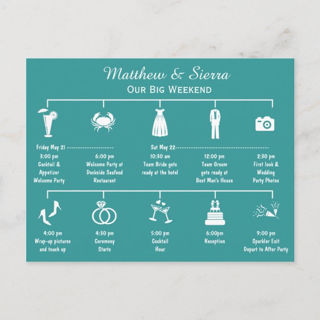 Wedding Weekend Timeline Itinerary Postcard (Front)