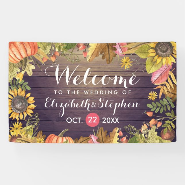 Wedding Welcome Autumn Maple Leaves Pumpkins Wood Banner (Horizontal)