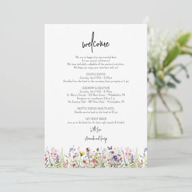 Wedding Welcome Bag Letter Itinerary Wildflowers  Holiday Card (Standing Front)