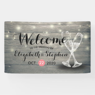 Wedding Welcome Banner Champagne Glass Wood Lights