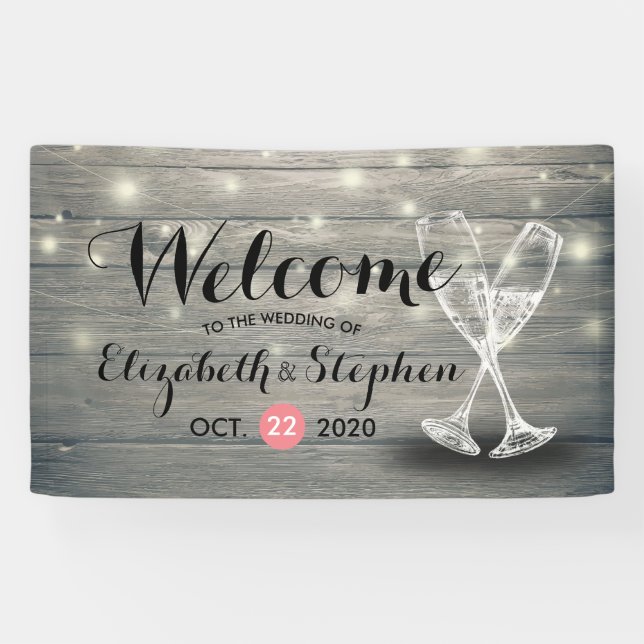 Wedding Welcome Banner Champagne Glass Wood Lights (Horizontal)