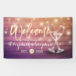 Wedding Welcome Banner Champagne Glass Wood Lights