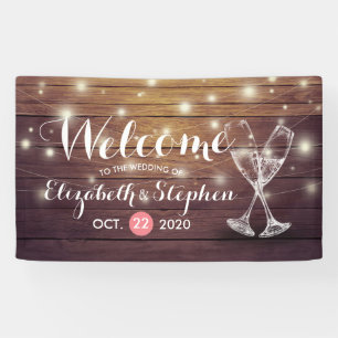 Wedding Welcome Banner Champagne Glass Wood Lights