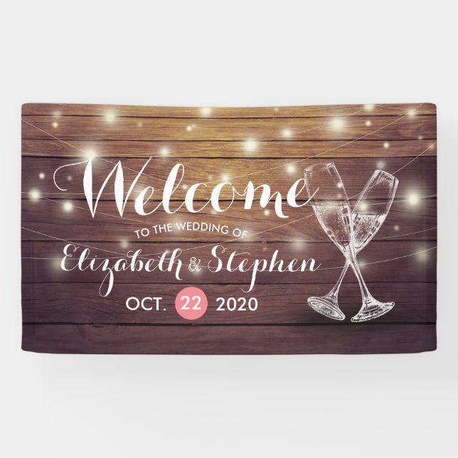 Wedding Welcome Banner Champagne Glass Wood Lights (Horizontal)
