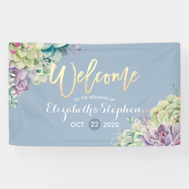 Wedding Welcome Banner Watercolor Succulent Plants (Horizontal)