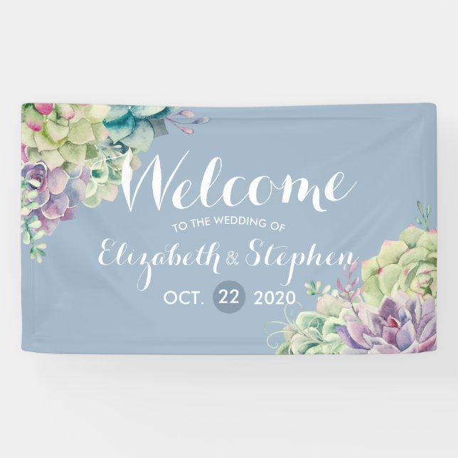 Wedding Welcome Banner Watercolor Succulent Plants (Horizontal)