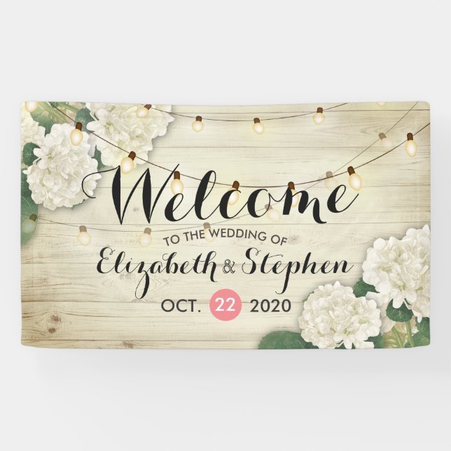 Wedding Welcome Banner Wood Flowers String Lights (Horizontal)