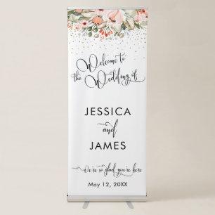 Wedding Welcome Blush Floral Faux Gold Confetti Retractable Banner