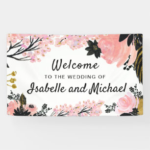 Wedding Welcome Blush Pink, Black and Gold Floral Banner